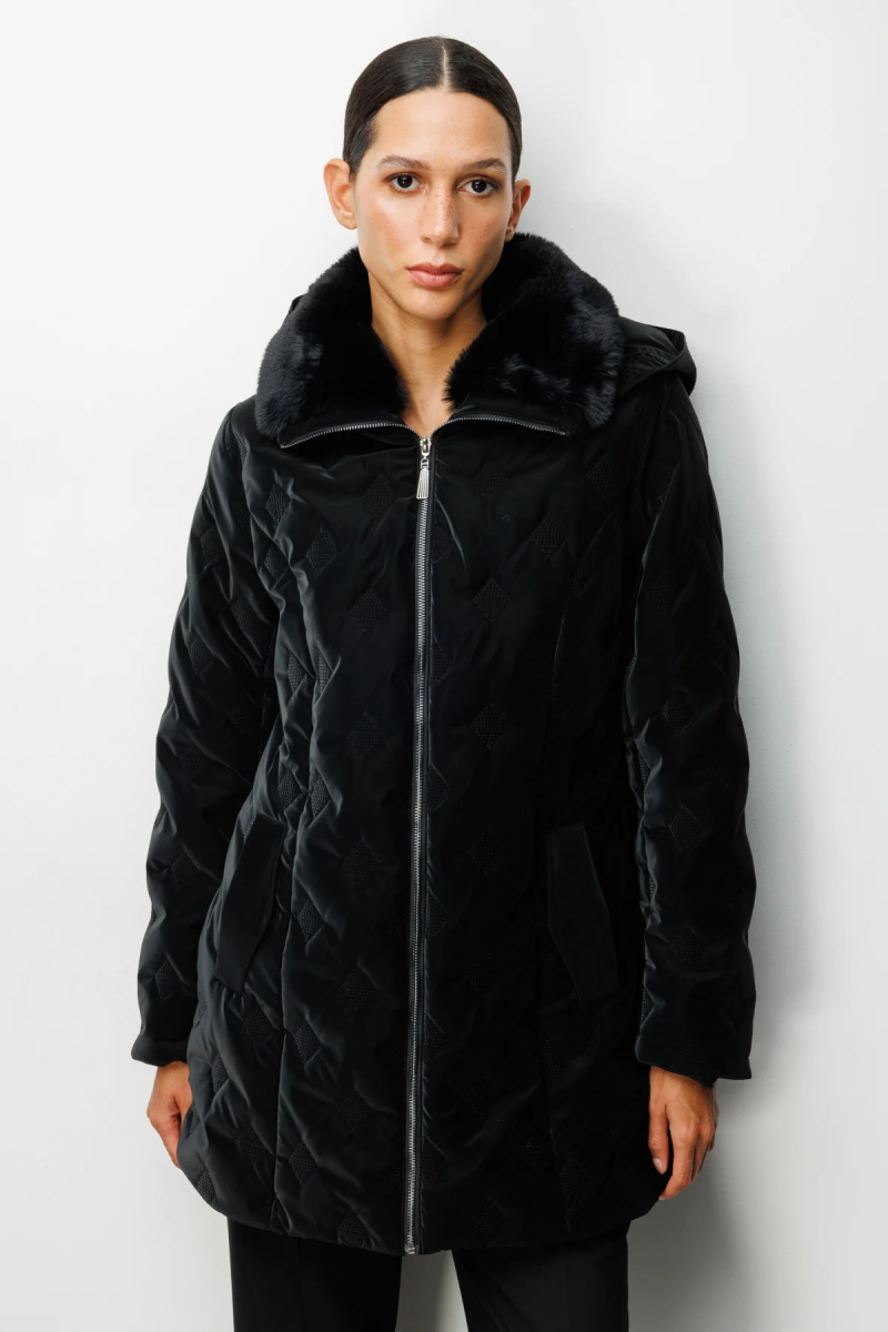 Ekol Kadın Yakası Kürklü Desenli Şişme Mont 6619 Siyah Siyah