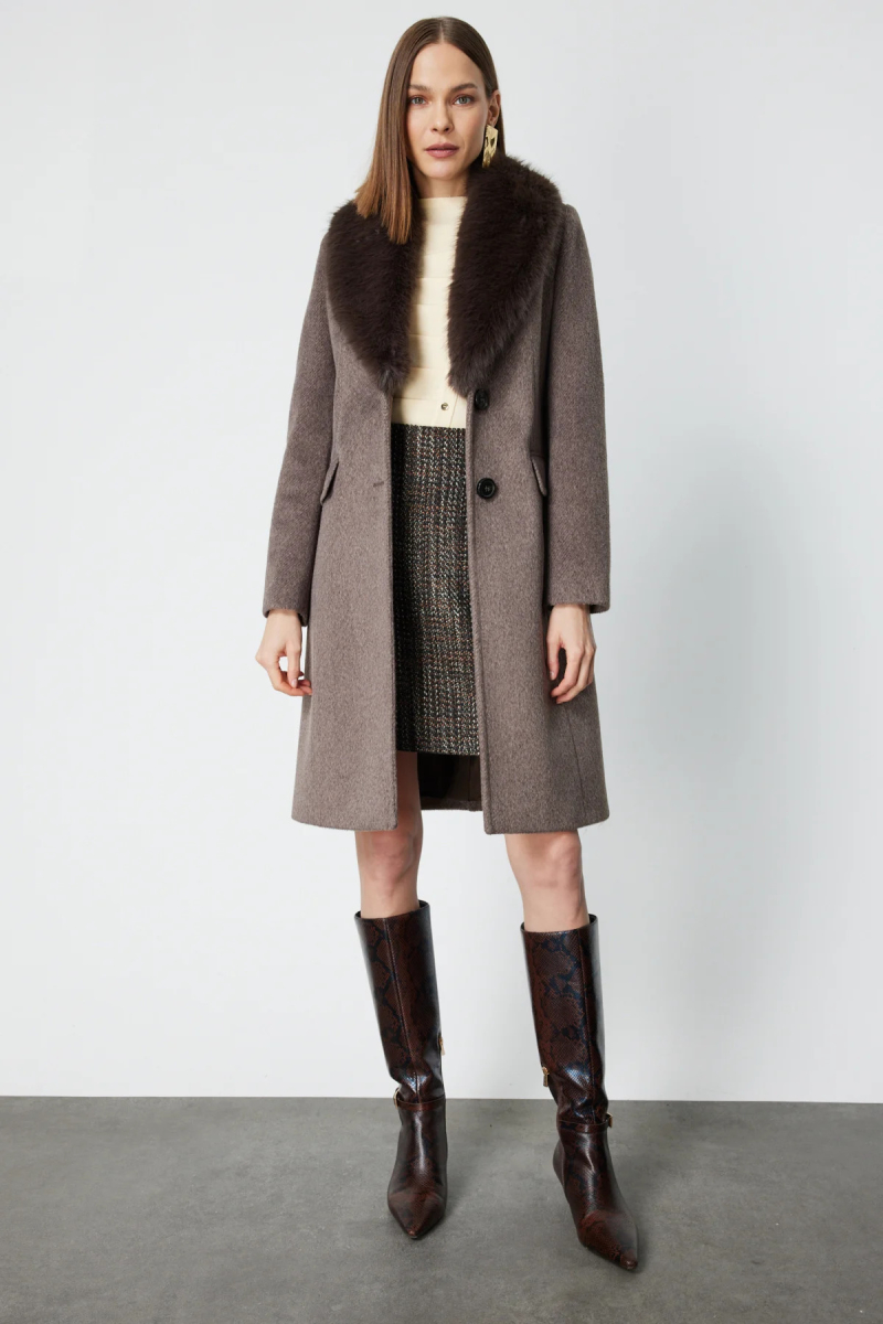 Ekol Kadın Yakası Kürklü Kapak Cepli Kaban 6065 Mokka MOKKA