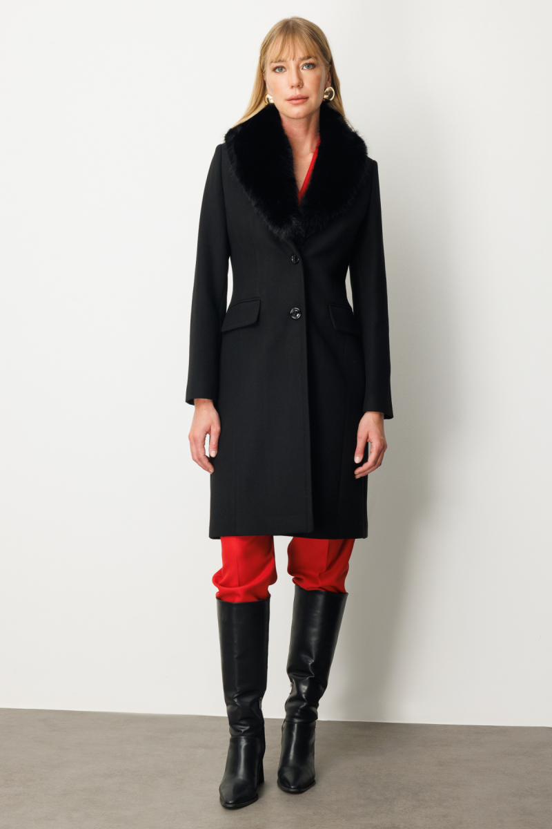 Ekol Kadın Yakası Kürklü Kapak Cepli Kaban 6065 Siyah Siyah