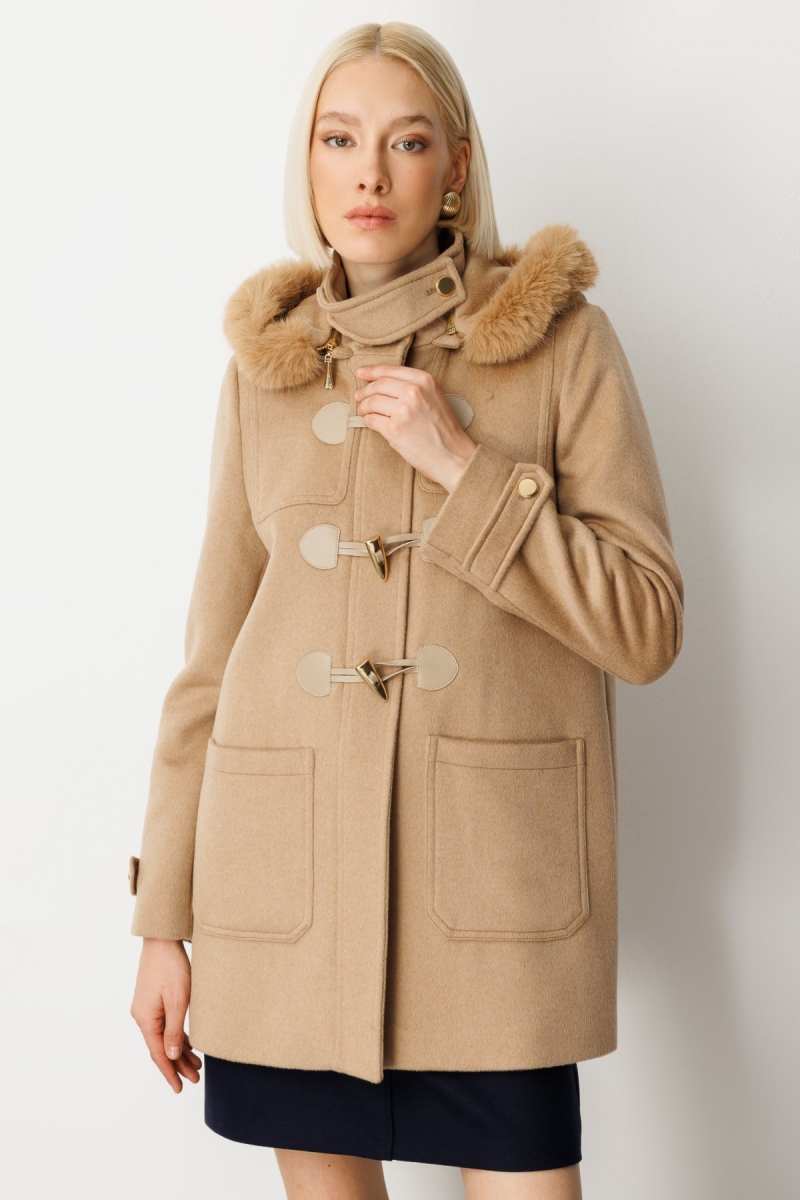 Ekol Kadın Yakası Kürklü Kapüşonlu Kaban 6015 Camel Camel