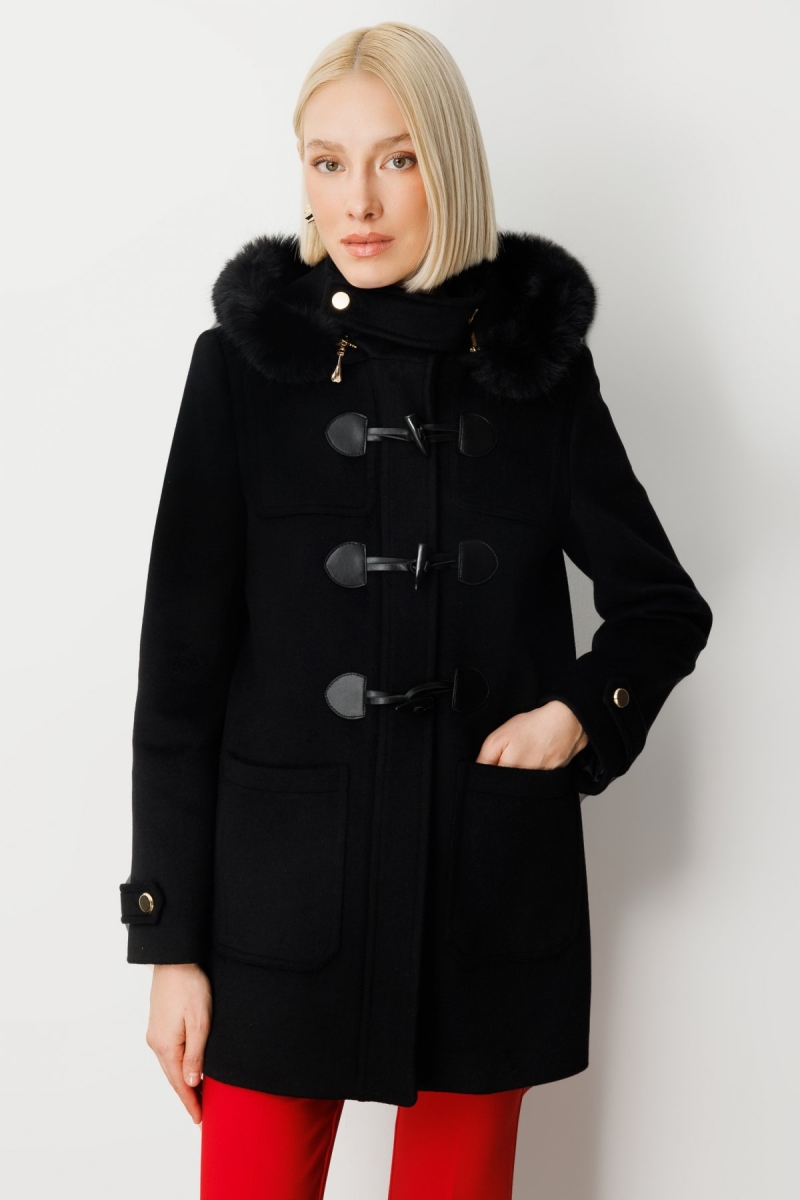 Ekol Kadın Yakası Kürklü Kapüşonlu Kaban 6015 Siyah Siyah