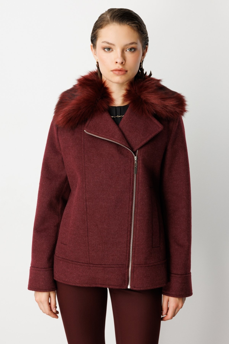 Ekol Kadın Yakası Kürklü Kruvaze Mont 6085 Bordo Bordo