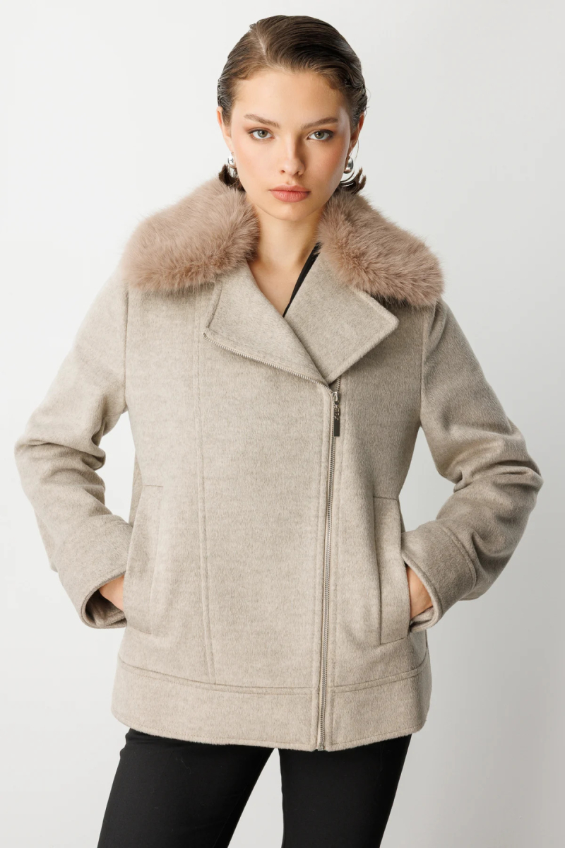 Ekol Kadın Yakası Kürklü Kruvaze Mont 6085 Vizon Vizon