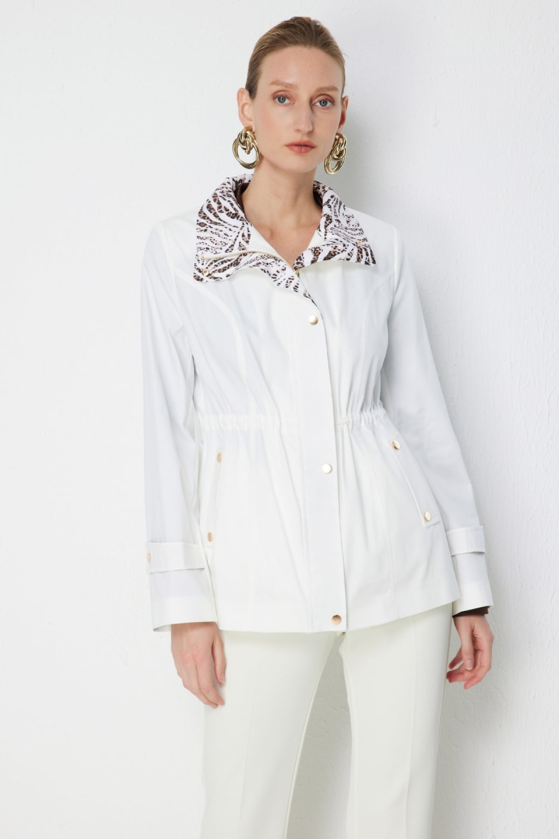 Ekol Kadın Yakası Leopar Desenli Apoletli Trenç 7044 Ekru Ekru