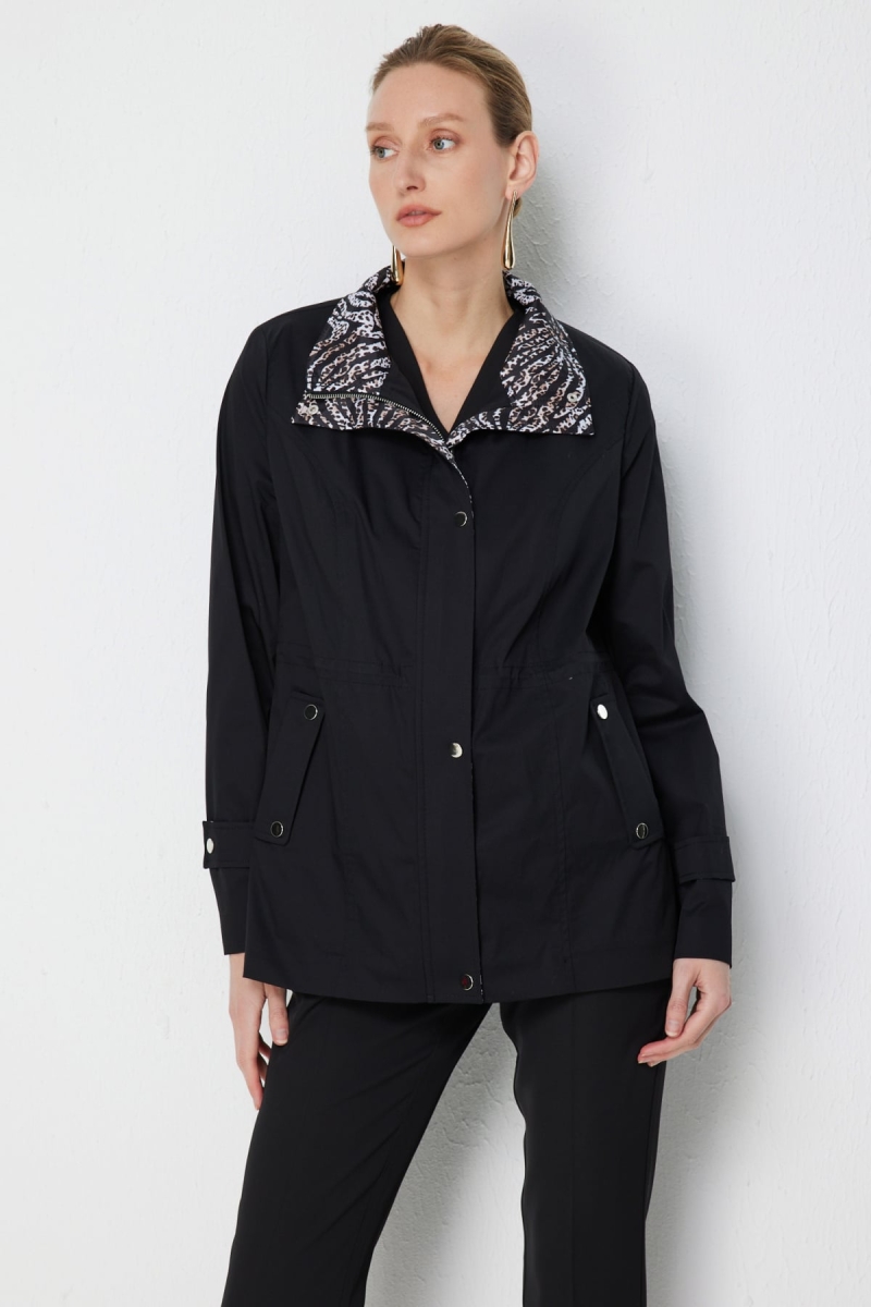 Ekol Kadın Yakası Leopar Desenli Apoletli Trenç 7044 Siyah Siyah