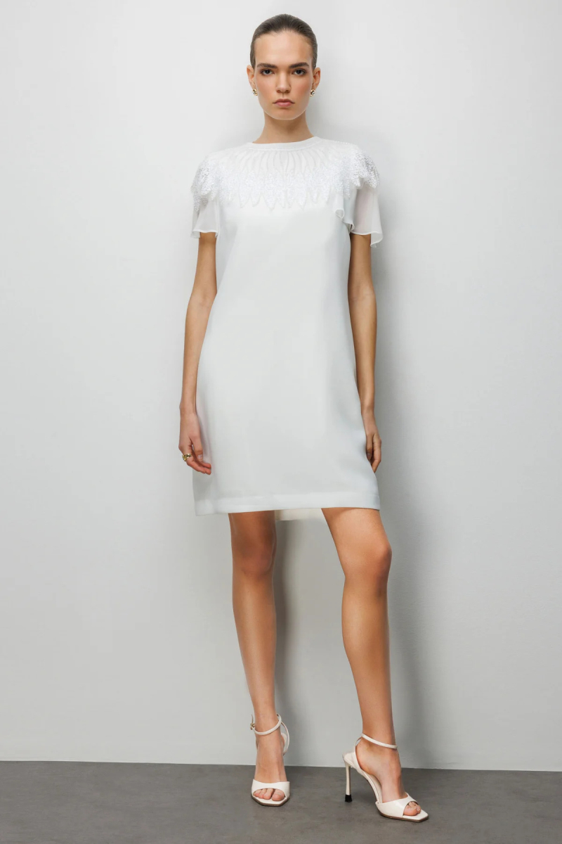 Ekol Kadın Yakası Taş İşlemeli Diz Üstü Elbise 6002 Ekru Ekru