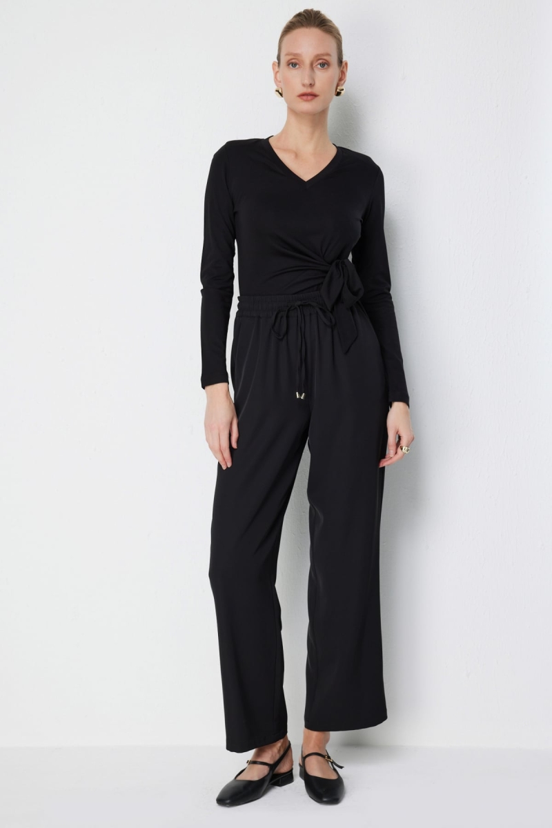 Ekol Kadın Yan Cepli Bol Paça Pantolon 4124 Siyah Siyah