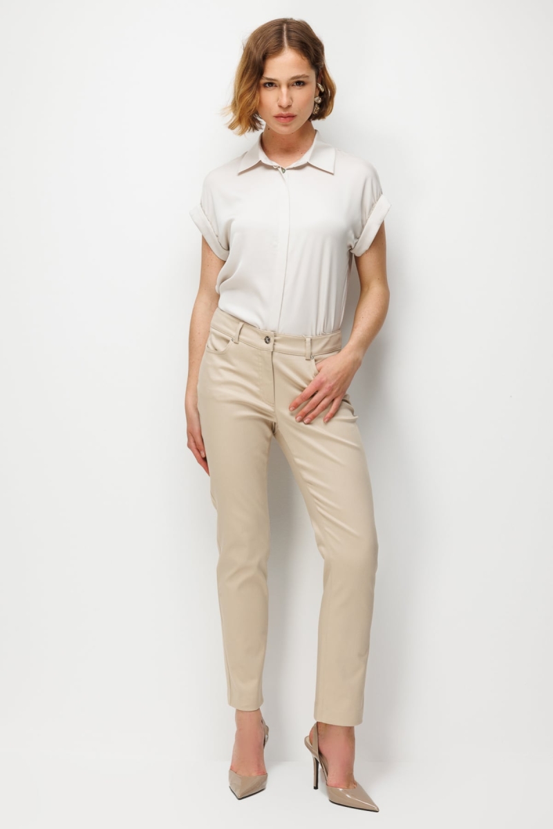 Ekol Kadın Yan Cepli Dar Paça Pamuklu Pantolon 4098 Kum Kum