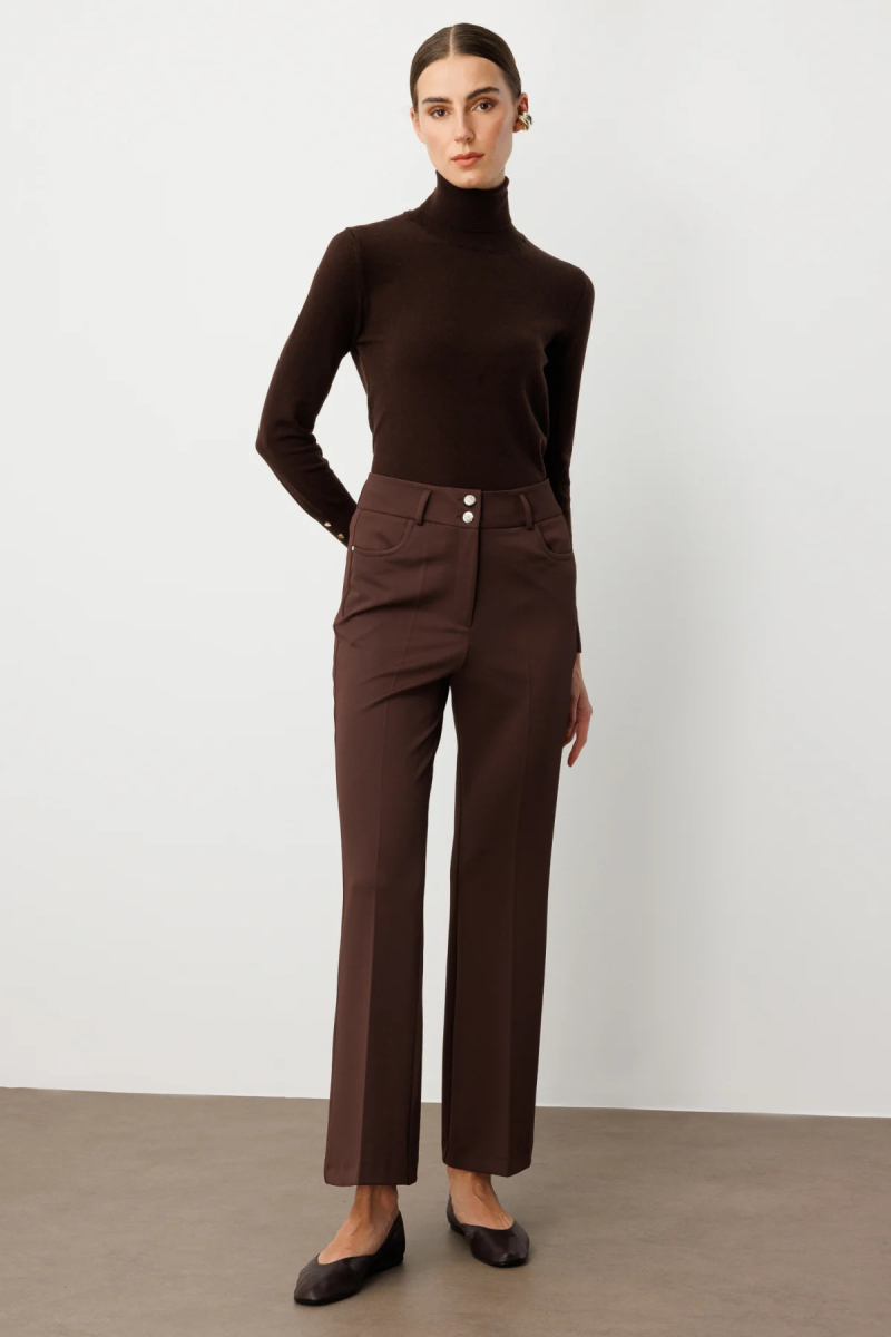 Ekol Kadın Yüksek Bel İspanyol Paça Pantolon 1023 Kahverengi Kahverengi