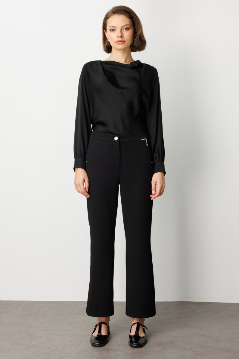 Ekol Kadın Zincir Aksesuarlı Bol Paça Pantolon 1021 Siyah Siyah