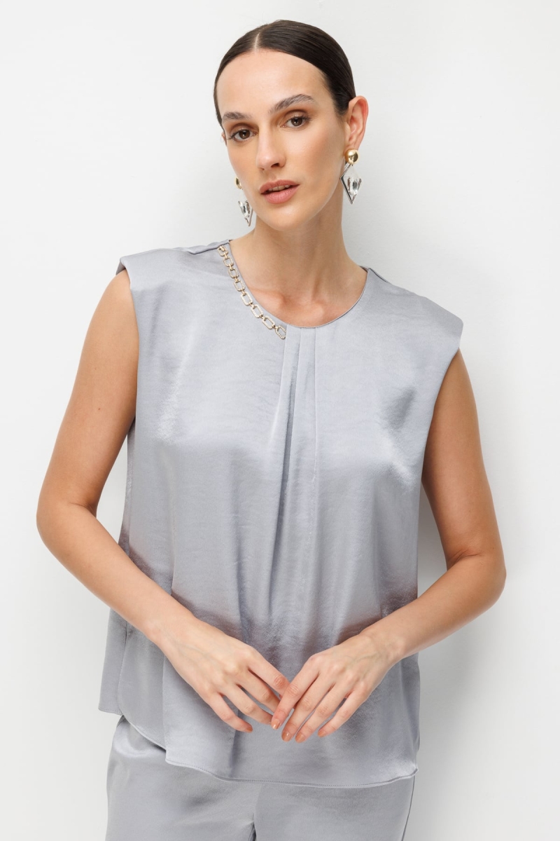 Ekol Kadın Zincir Aksesuarlı Drape Detaylı Bluz 2432 Gümüş Gümüş