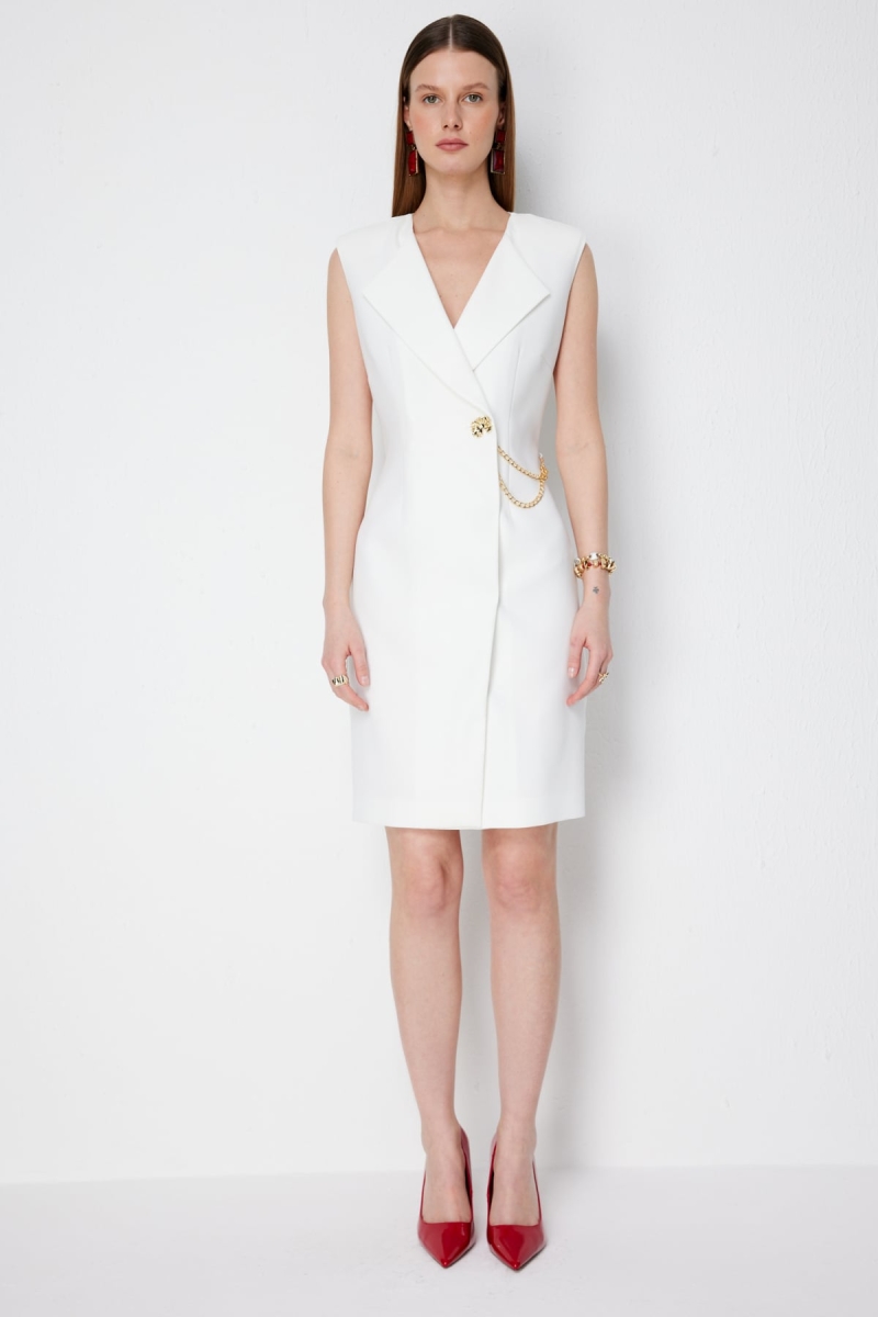 Ekol Kadın Zincir Detaylı Kruvaze Midi Elbise 6044 Ekru Ekru