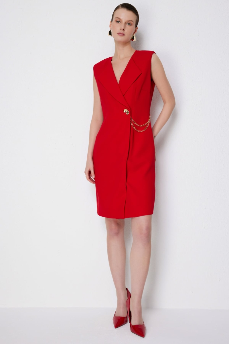 Ekol Kadın Zincir Detaylı Kruvaze Midi Elbise 6044 Kırmızı Kırmızı