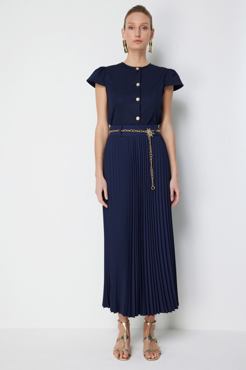 Ekol Kadın Zincir Kemerli Piliseli Maxi Etek 3046 Lacivert Lacivert