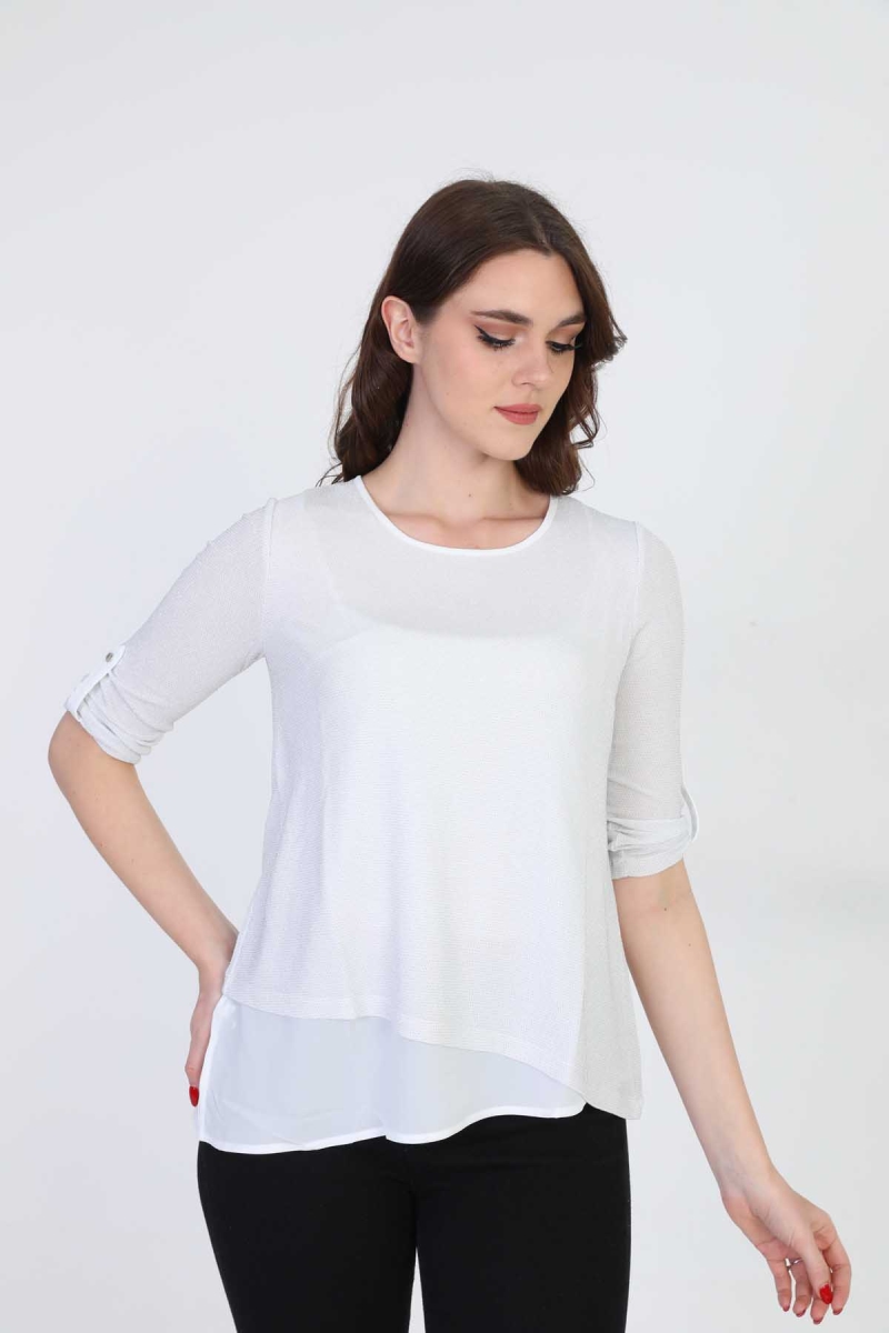 Ella Camelia Kadın Asimetrik Tül Detaylı Bluz 042 Ekru Ekru