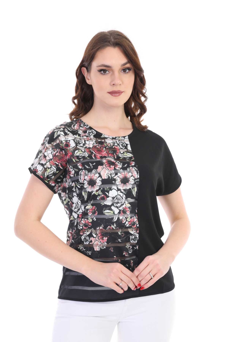 Ella Camelia Kadın Blok Desenli Transparan Detaylı Bluz 19E051 Siyah Siyah