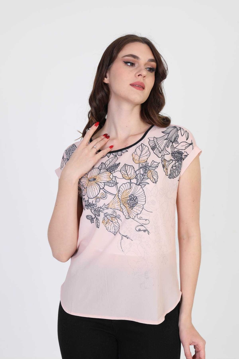 Ella Camelia Kadın Çiçek Desenli Bluz 5010065 Pudra Pudra