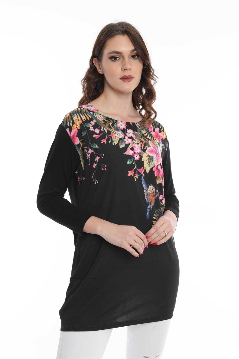 Ella Camelia Kadın Çiçek Desenli Uzun Bluz 5010069 Siyah Siyah