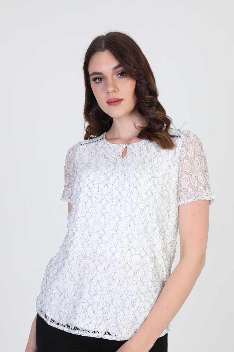 Ella Camelia Kadın Dantel Desenli Bluz 19E064 Ekru Ekru