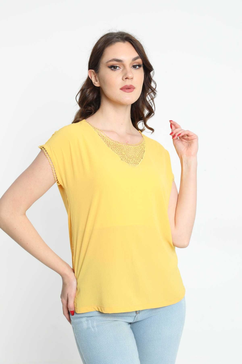 Ella Camelia Kadın Dantel Detaylı Bluz 5010024 Sarı Sarı