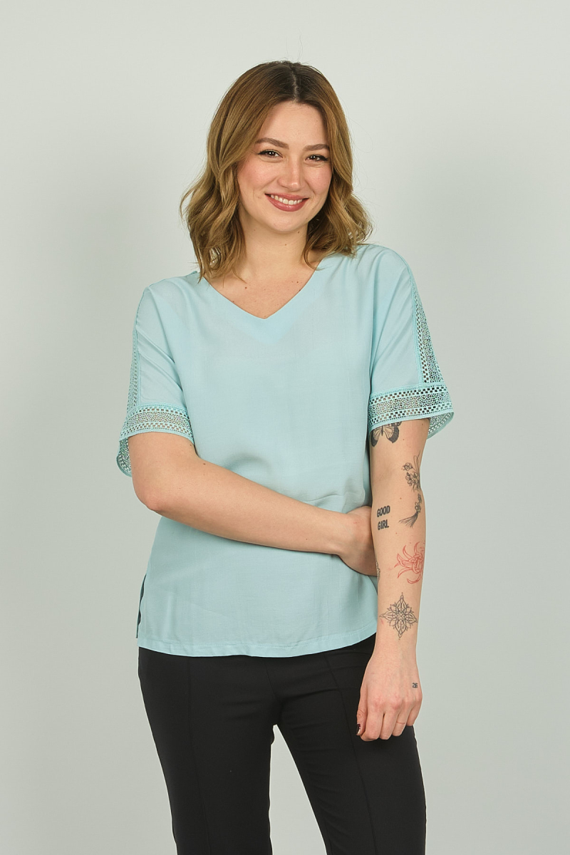 Ella Camelia Kadın Kol Ucu Dantel Detaylı Bluz 19E021 Mint Mint