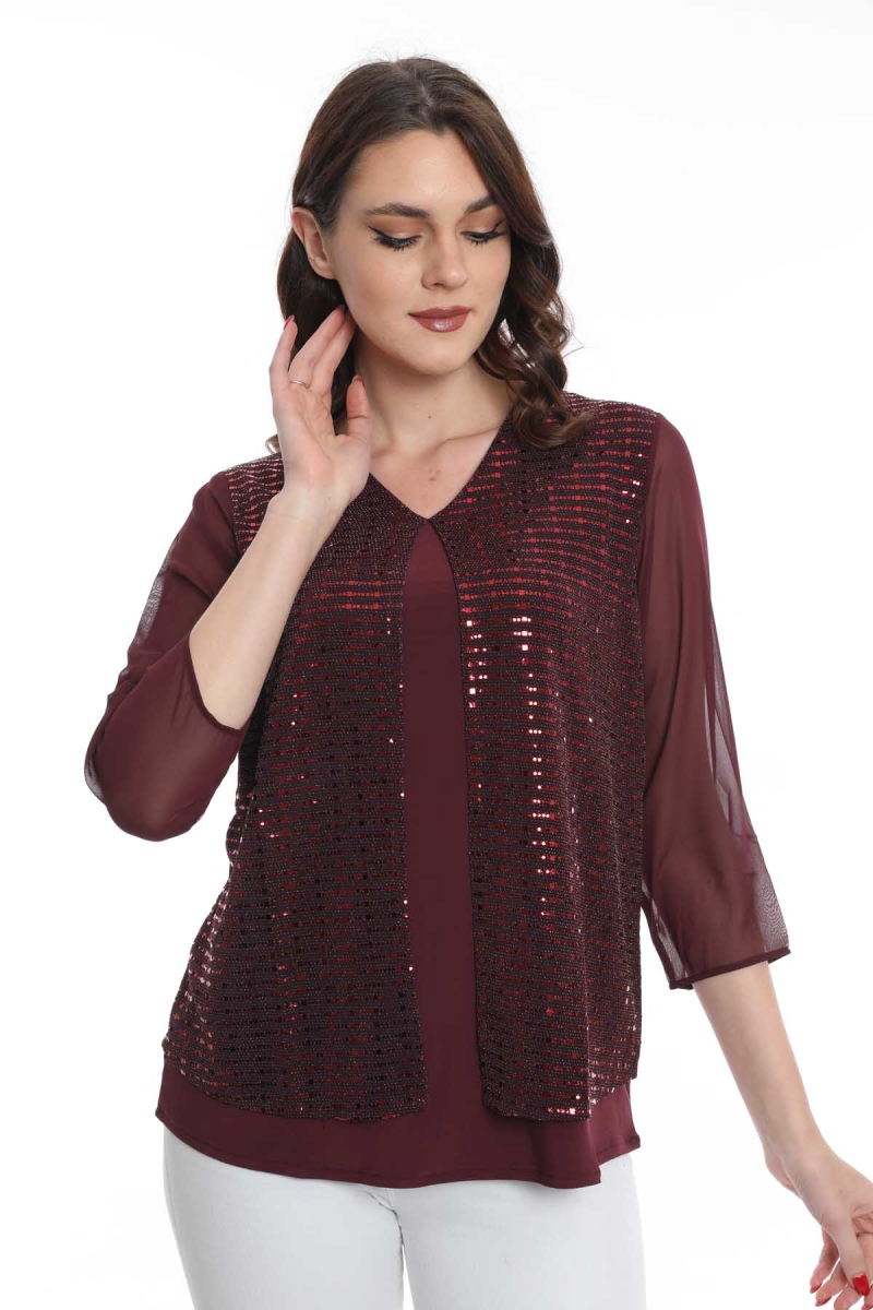 Ella Camelia Kadın Kolları Tül Detaylı Bluz 19E040 Bordo Bordo