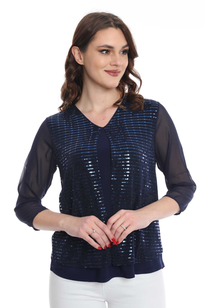 Ella Camelia Kadın Kolları Tül Detaylı Bluz 19E040 Lacivert Lacivert