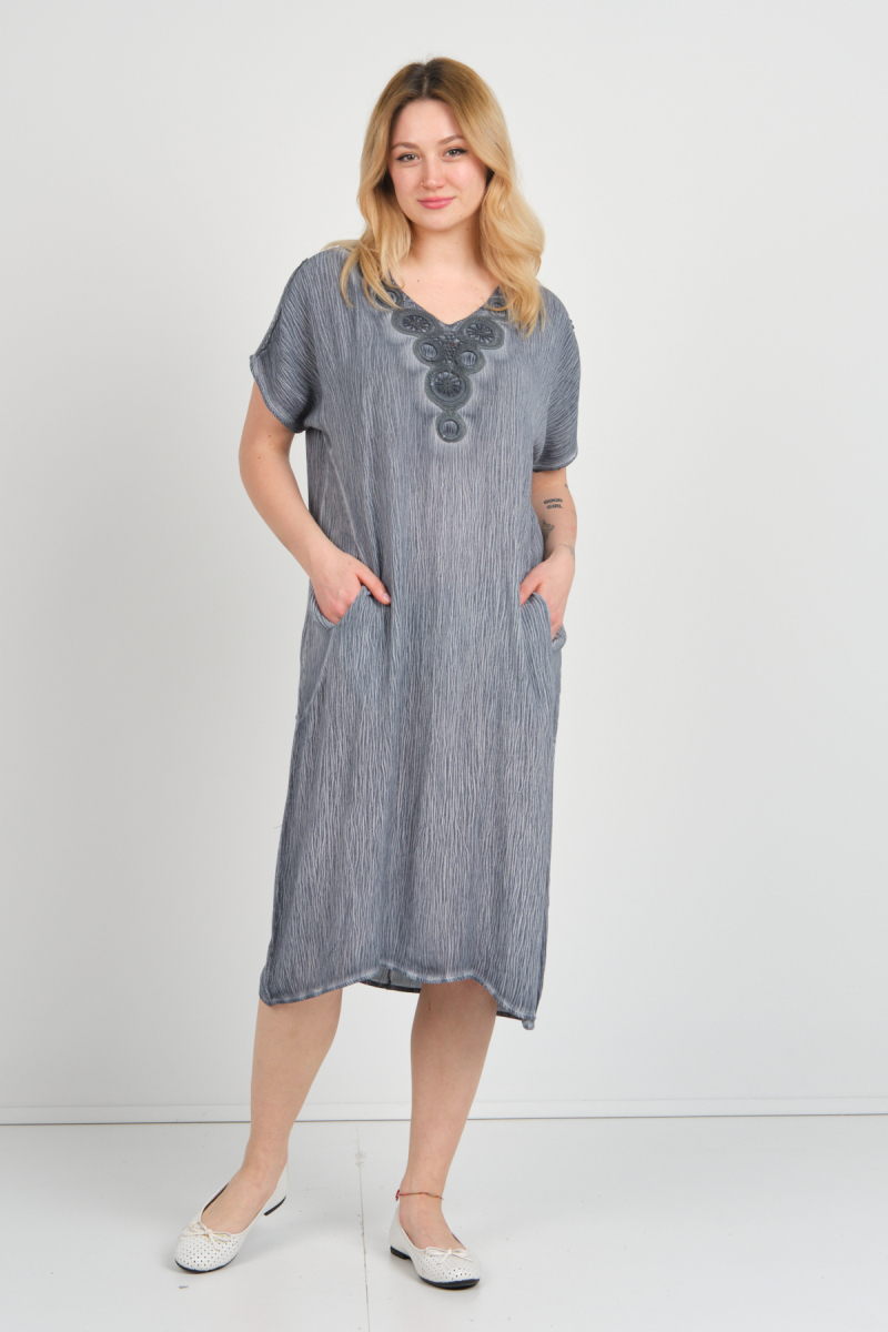 Ella Camelia Kadın Omuz Detaylı Çift Cepli Kendinden Desenli Elbise 19E074 Indigo Indigo