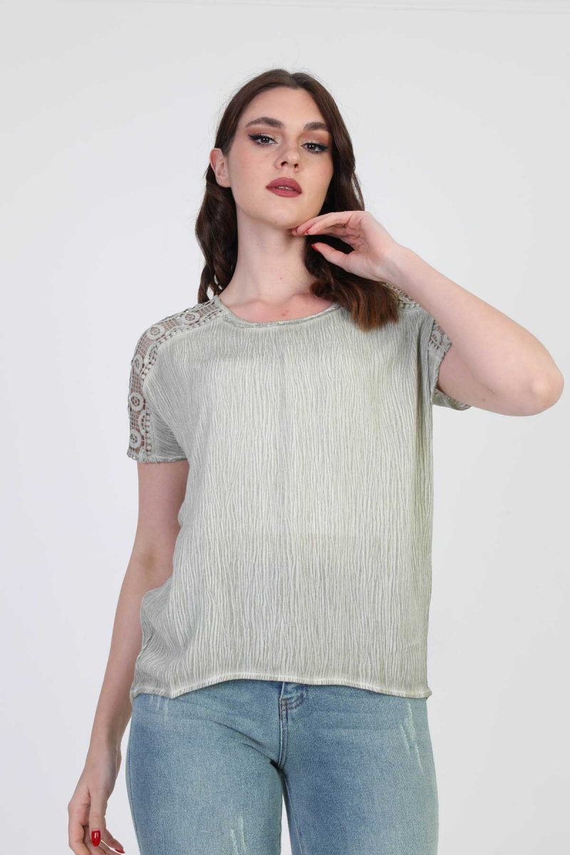 Ella Camelia Kadın Omzu Dantel Detaylı Bluz 5010062 Yeşil Yeşil