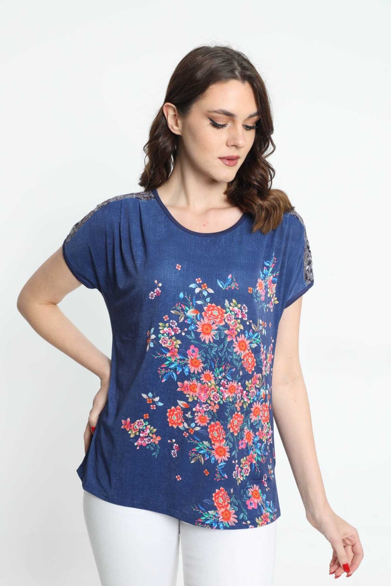 Ella Camelia Kadın Omzu Dantelli Çiçek Desenli Bluz 5010050 Lacivert Lacivert