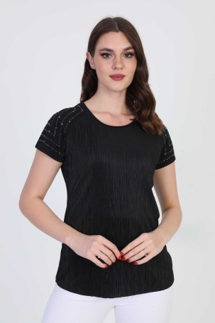 Ella Camelia Kadın Omzu Taş Detaylı Desenli Bluz 18E013 Siyah Siyah