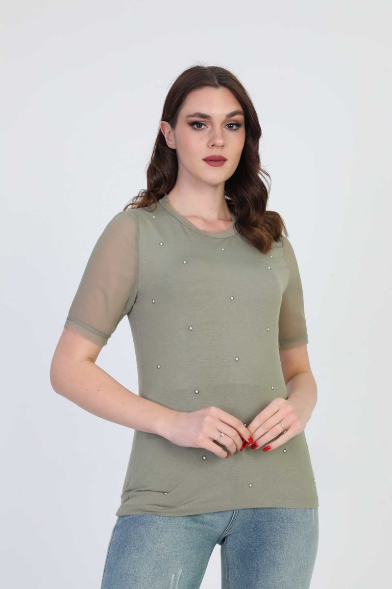 Ella Camelia Kadın Taş Detaylı Bluz 19E056 Haki Haki