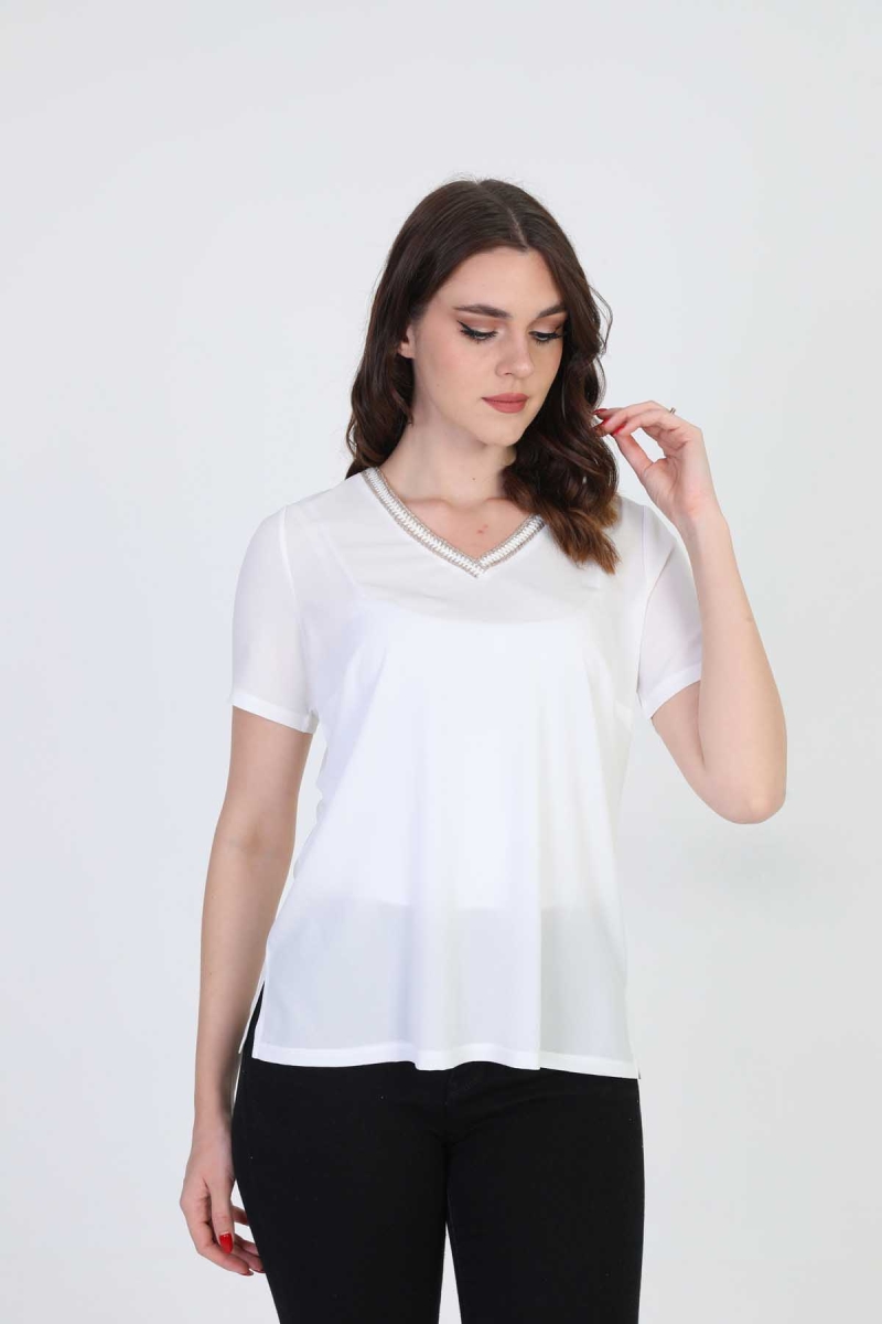 Ella Camelia Kadın Yaka İşlemeli Bluz 9E013 Ekru Ekru