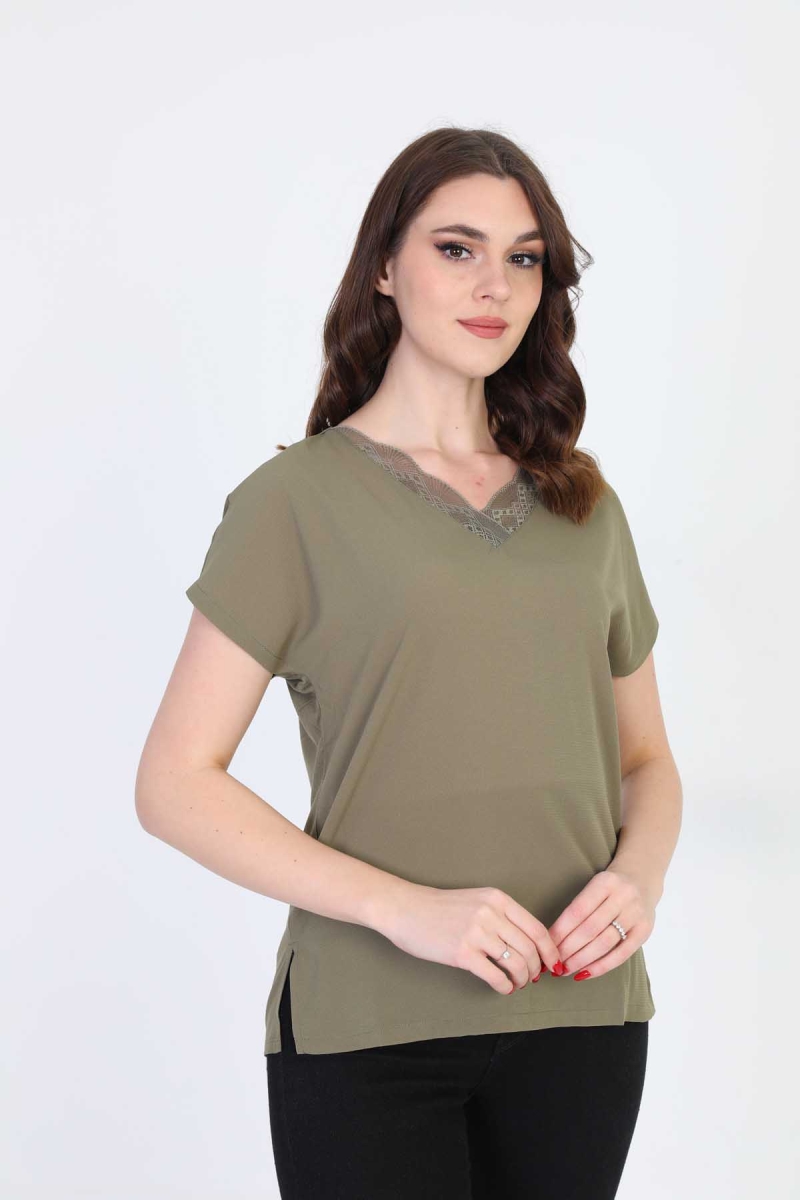 Ella Camelia Kadın Yakası Dantel Detaylı Bluz 20E020 Haki Haki