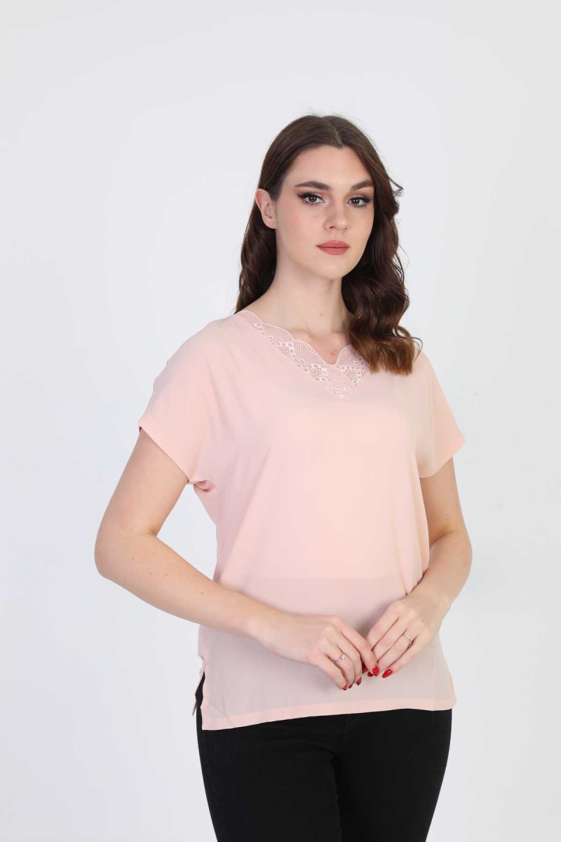 Ella Camelia Kadın Yakası Dantel Detaylı Bluz 20E020 Pudra Pudra