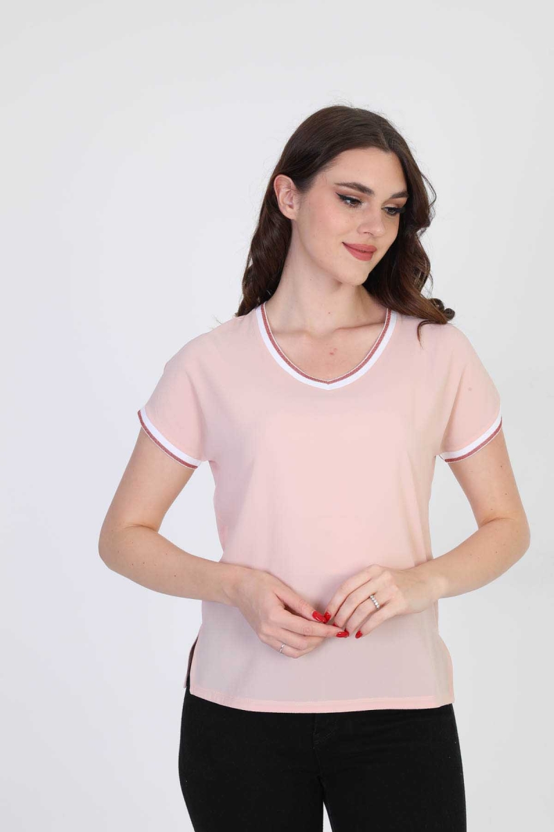 Ella Camelia Kadın Yakası ve Kolları Simli Şerit Detaylı Bluz 5010022 Pudra Pudra