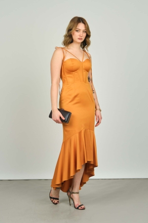 Escoll Kadın Önü Balenli Saten Abiye Elbise 2046 Oranj Oranj