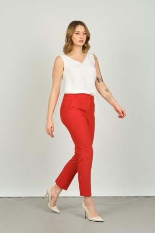 FA Pantolon Kadın Bilek Boy Çift Cep Dar Kalıp Pantolon 7001 Kırmızı Kırmızı