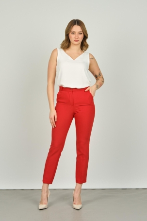 FA Pantolon Kadın Çift Cep Bilek Boy Dar Paça Pantolon 7002 Kırmızı Kırmızı