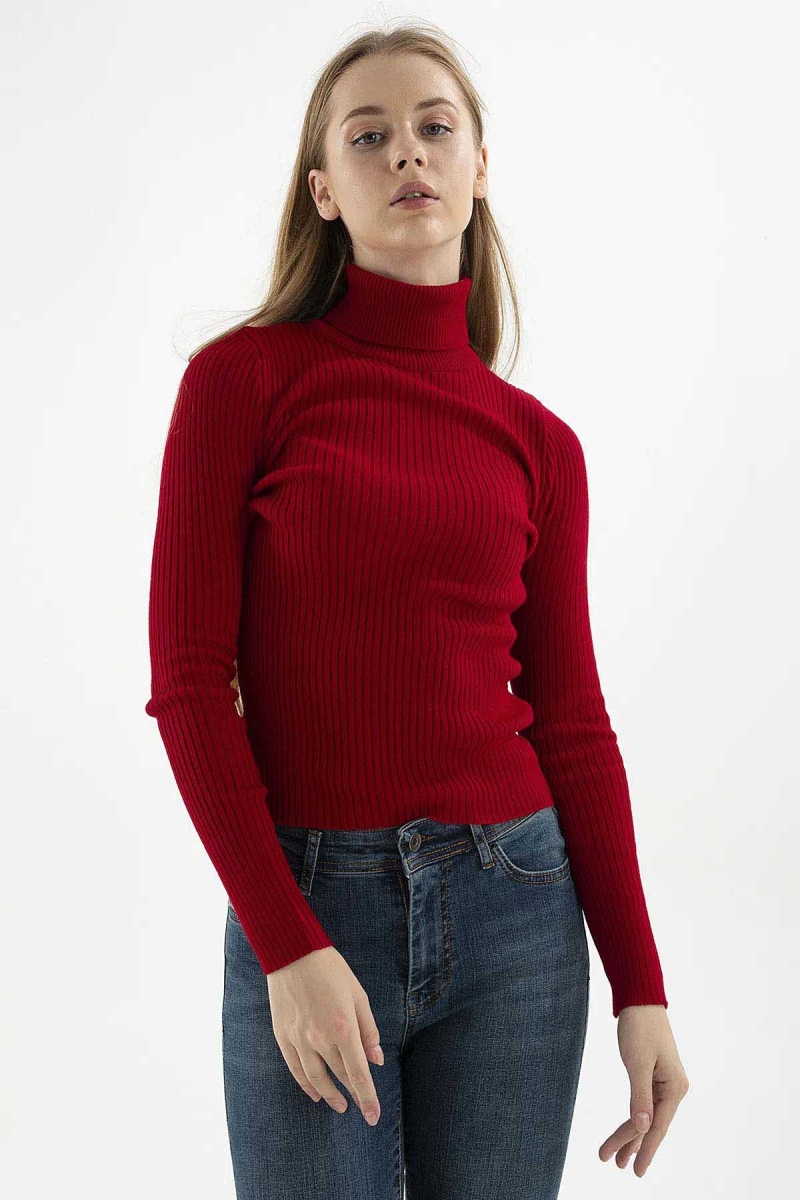 Fashion Friends Kadın Fitilli Balıkçı Yaka Kazak 23K0288K1 Bordo Bordo