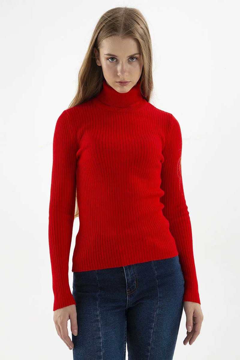 Fashion Friends Kadın Fitilli Balıkçı Yaka Kazak 23K0288K1 Kırmızı Kırmızı