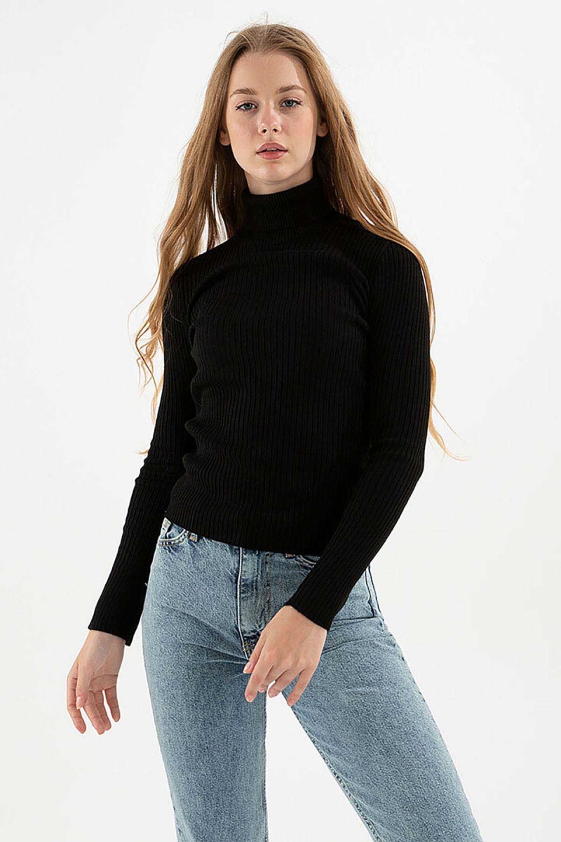 Fashion Friends Kadın Fitilli Balıkçı Yaka Kazak 23K0288K1 Siyah Siyah