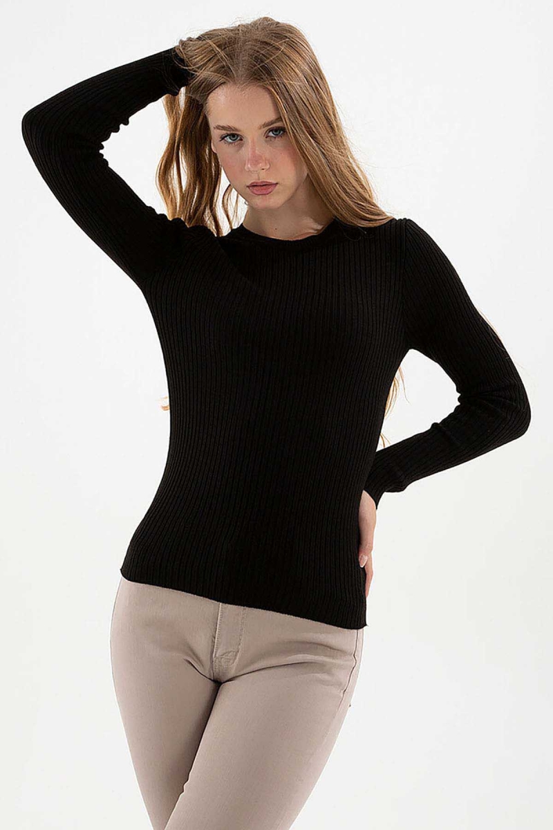 Fashion Friends Kadın Fitilli Bisiklet Yaka Kazak 23K0290K1 Siyah Siyah