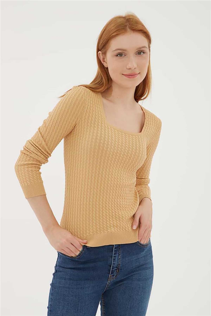 Fashion Friends Kadın Kare Yaka Saç Örgülü Kazak 23K0405K1 Camel Camel