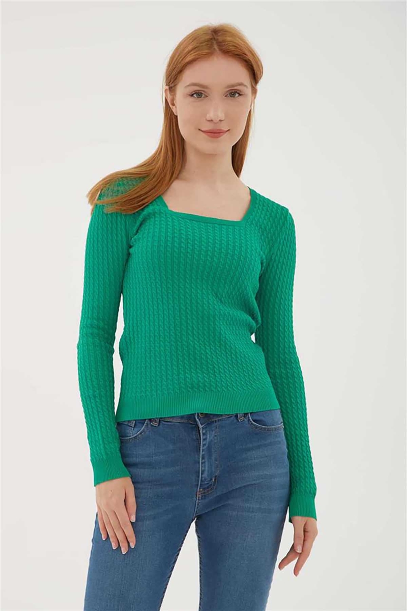 Fashion Friends Kadın Kare Yaka Saç Örgülü Kazak 23K0405K1 Yeşil Yeşil