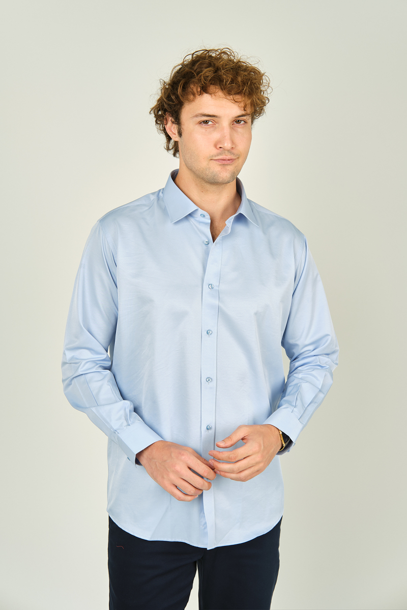 Figs Erkek Slim Fit Uzun Kollu Pamuklu Parlak Kumaş Gömlek 0013 Açık Mavi Açık Mavi
