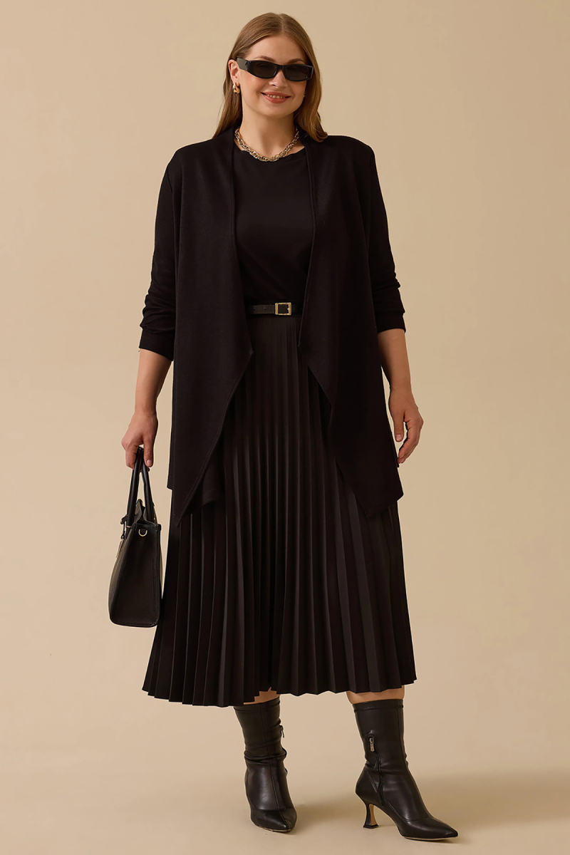 Galaxi Kadın Büyük Beden Asimetrik Kesim Triko Hırka 4004 Siyah Siyah