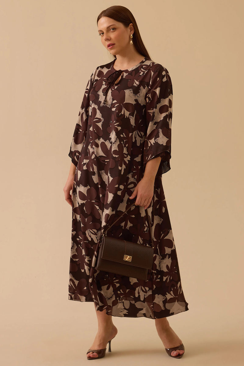 Galaxi Kadın Büyük Beden Bağlama Detaylı Uzun Elbise 4012 Kahverengi Kahverengi