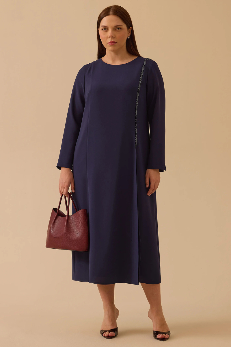 Galaxi Kadın Büyük Beden Boncuk Detaylı Midi Elbise 4002 Lacivert Lacivert