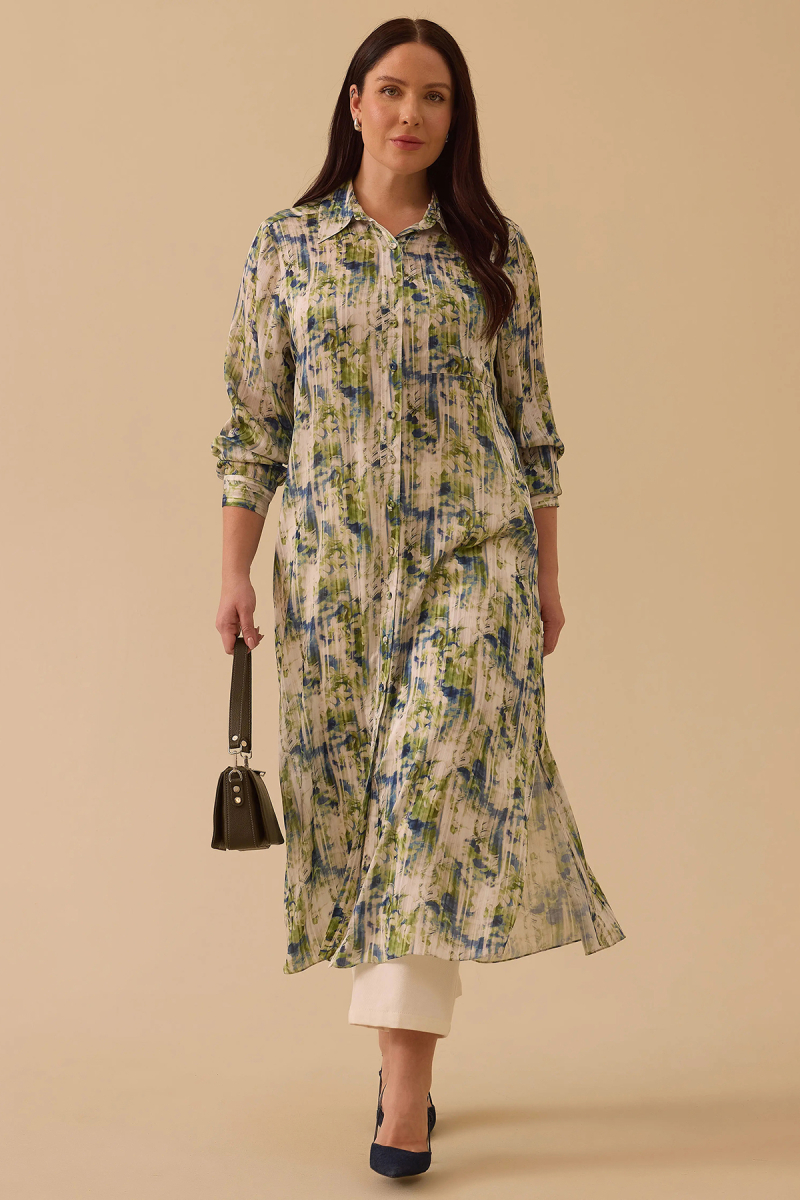 Galaxi Kadın Büyük Beden Çiçek Desenli Uzun Tunik 4013 Yeşil Yeşil